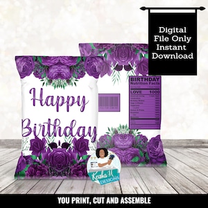 Purple Flowers Floral Birthday Chip Bag Printable, Flowers Purple Royal Birthday party Wrapper Favor Bag, Wedding Chip Bag, Sweet 16 gifts