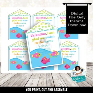 Pink Girl Fish Same School Class Valentine Favor Tags, Fish Class valentine tags, Teacher Valentine tag, Valentine Goody Bag, Thank you tag