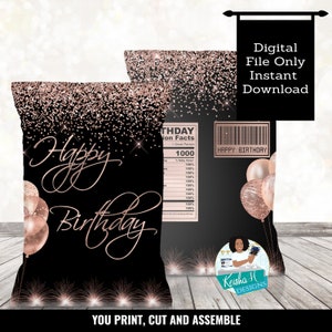 Rose Gold Balloons Birthday Party Chip Bag Party Favor Printable, 1st Birthday Bling Party Chip Wrapper, Digital Party Table Birthday Favor