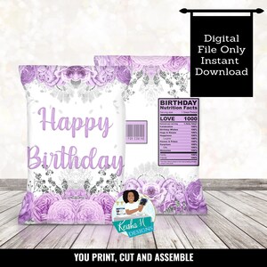 Lilac and Silver Flowers Floral Birthday Chip Bag Printable, Flowers Gold Leaf Birthday party Wrapper Favor Bag, Wedding Chip Bag