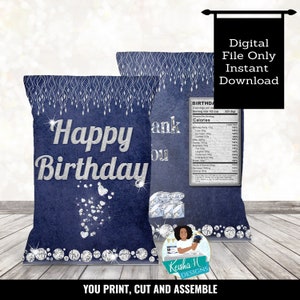 Diamonds and Denim Birthday Party Chip Bag Party Favor Printable, 1st Birthday Bling Party Chip Wrapper, Digital Party Table Birthday Favor