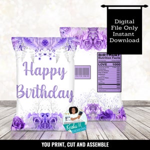 Lavender and Silver Flowers Floral Birthday Chip Bag Printable, Flowers Gold Leaf Birthday party Wrapper Favor Bag, Wedding Chip Bag
