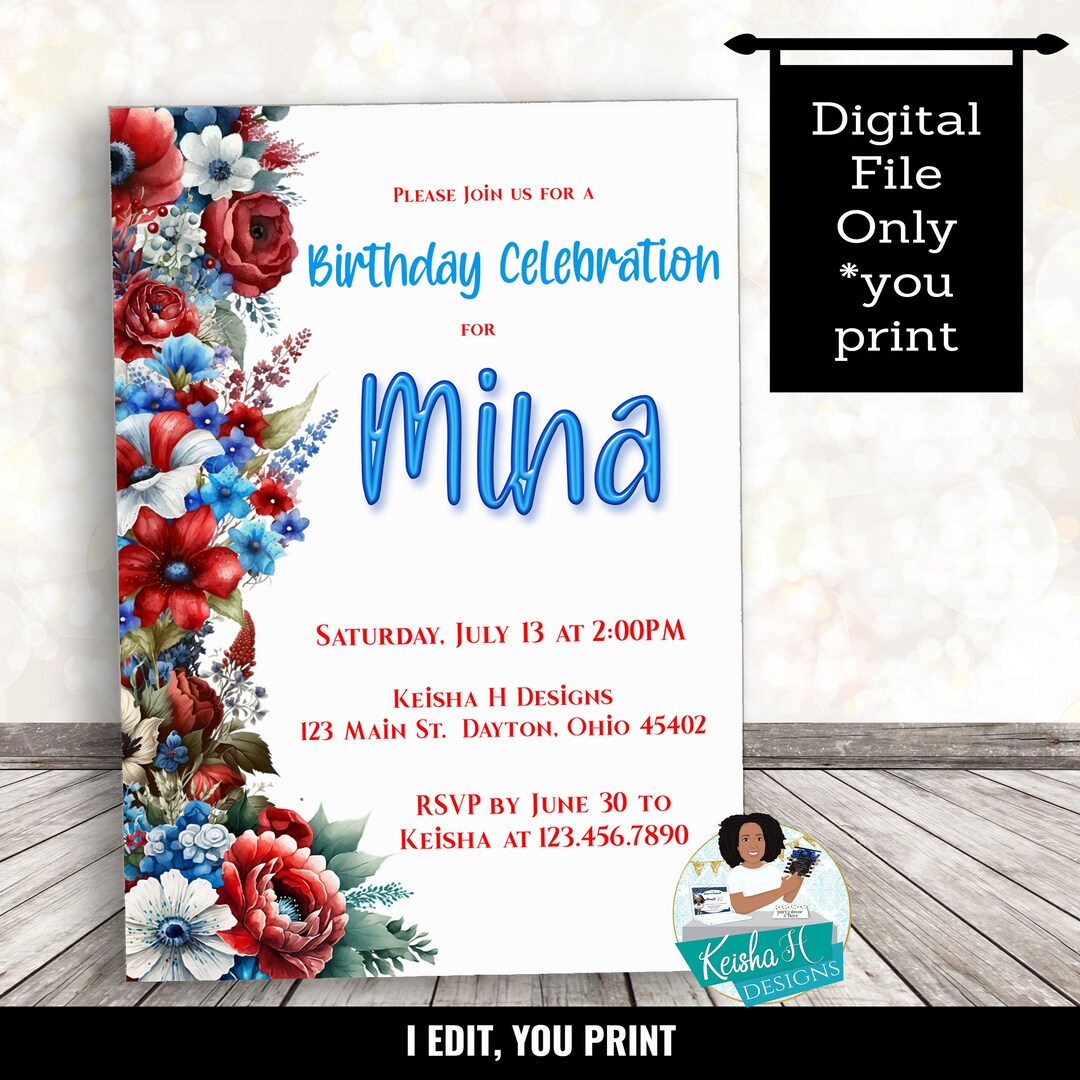 Patriotic Red White Blue Birthday Floral Invitation First Birthday Patriotic Red White Blue Birthday Floral Invitation First Birthday
