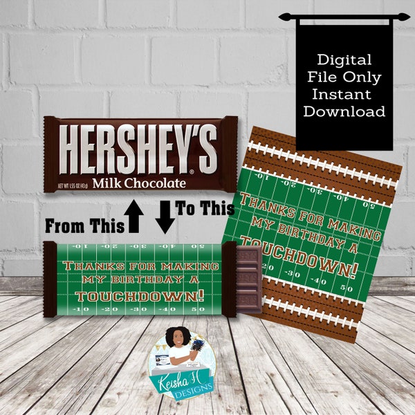 Football Birthday Full Size Chocolate Candy Wrapper, Sports Party Favor Treat Label, Football kit for Kids, INSTANT DOWNLOAD