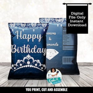 Princess Denim and Diamonds Birthday Party Chip Bag Party Favor Printable, Bling Party Chip Wrapper, Digital Party Table Birthday Favor
