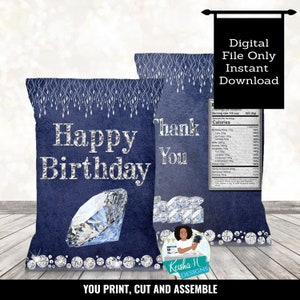 Denim and Diamonds Birthday Party Chip Bag Party Favor Printable, 16th Birthday Bling Party Chip Wrapper, Digital Party Table Birthday Favor