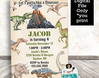 Dinosaur Fossil Dig Birthday Party Invitation, Jurassic Customized Party Invite, 5x7 Digital Printable Invitation