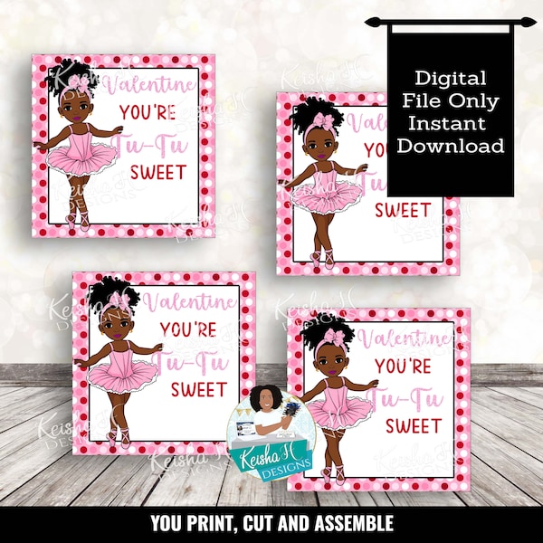 Black Girl Ballerina Valentine Card, Valentine Party Digital Valentine Card, Valentine Cute Card Set, Instant Download, Printable Valentine