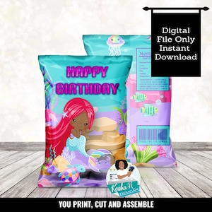 African American Black Mermaid Birthday Chip Bag Printable, Mermaid 1st Birthday party Favor Bag, Ocean Chip Wrapper, Birthday Favor