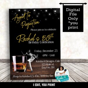 Aged to Perfection Whiskey Alcohol Cigar Adult Bar Birthday Party Invitation, 30 40 50 60 years Surprise Birthday Invite, Digital Invitation