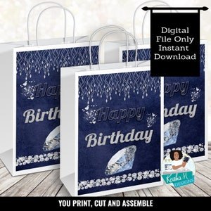 Princess Denim and Diamonds Birthday Gift Bag Label Party Favor Box Printable PDF, Goody Bag Box Party Favor Table Label,  Instant Download