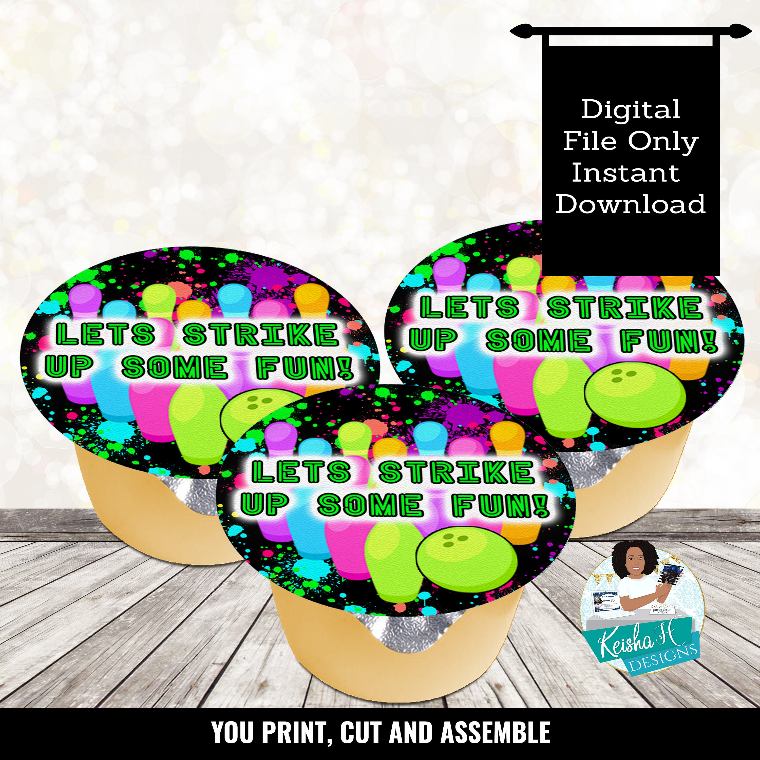 Cosmic Bowling Birthday Party Applesauce cup Label Neon Bowling sticker Label Glow Bowl favor Food Label Instant Download