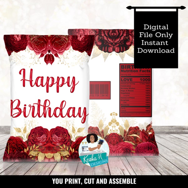 Red and Gold Floral Birthday Chip Bag Printable, Flowers Purple Royal Birthday party Wrapper Favor Bag, Wedding Chip Bag, Sweet 16 gifts