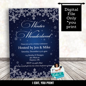 Winter Wonderland Christmas Invitation, Snowflake Christmas Invite, Winter Party invitation, School flyer, I edit you print Digital Invite