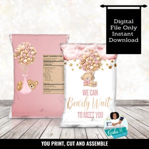 Rosa Teddybär kann Bär tragen Chip Tasche Gastgeschenk Printable, Baby Shower Party Chip Wrapper, digitale Party Tisch Geburtstag Favor