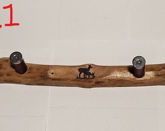 Coat/hat hanger made from MAPLE . Deer stamp, shotgun shell pegs HANDMADE