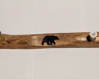Coat/hat hanger made from MAPLE . Bear stamp, shotgun shell pegs HANDMADE