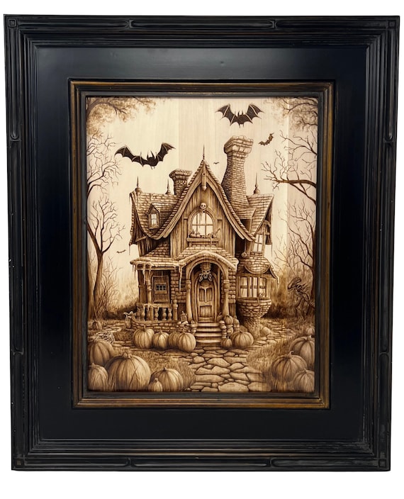 Haunted House Pyrography Art – Spooky Alien Farmhouse, Halloween Decor