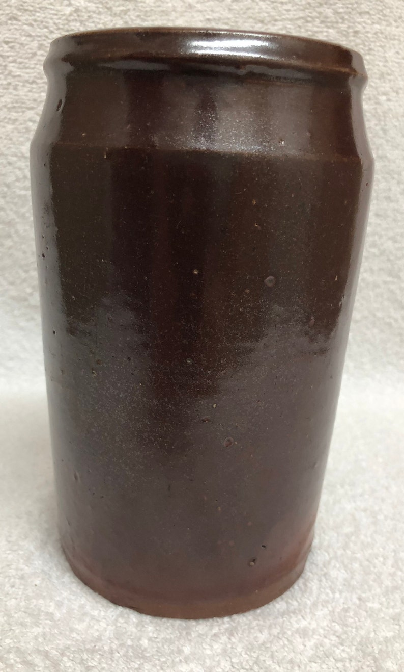 Could be a vase? Antique Brown Slip Glaze Pottery Wax Sealer Canning Jar 7 18 Tall Red Clay and Brown Slip Combo-Jar