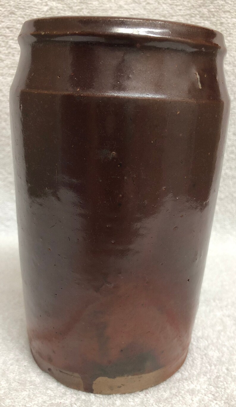 Could be a vase? Antique Brown Slip Glaze Pottery Wax Sealer Canning Jar 7 18 Tall Red Clay and Brown Slip Combo-Jar