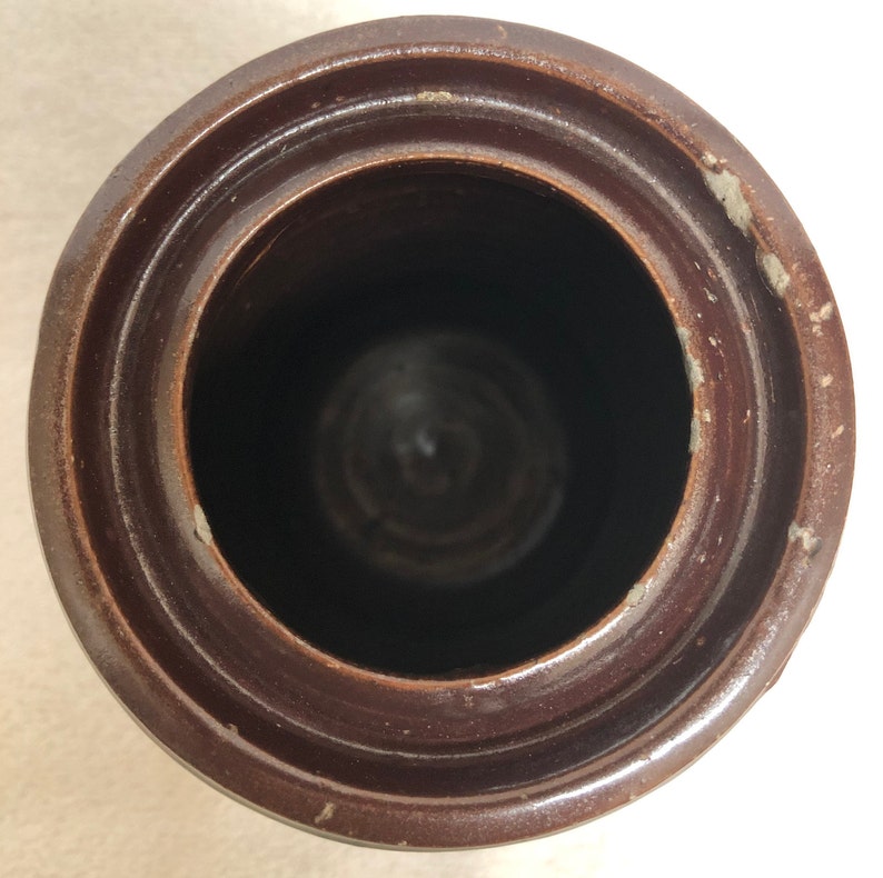 Could be a vase? Antique Brown Slip Glaze Pottery Wax Sealer Canning Jar 7 18 Tall Red Clay and Brown Slip Combo-Jar