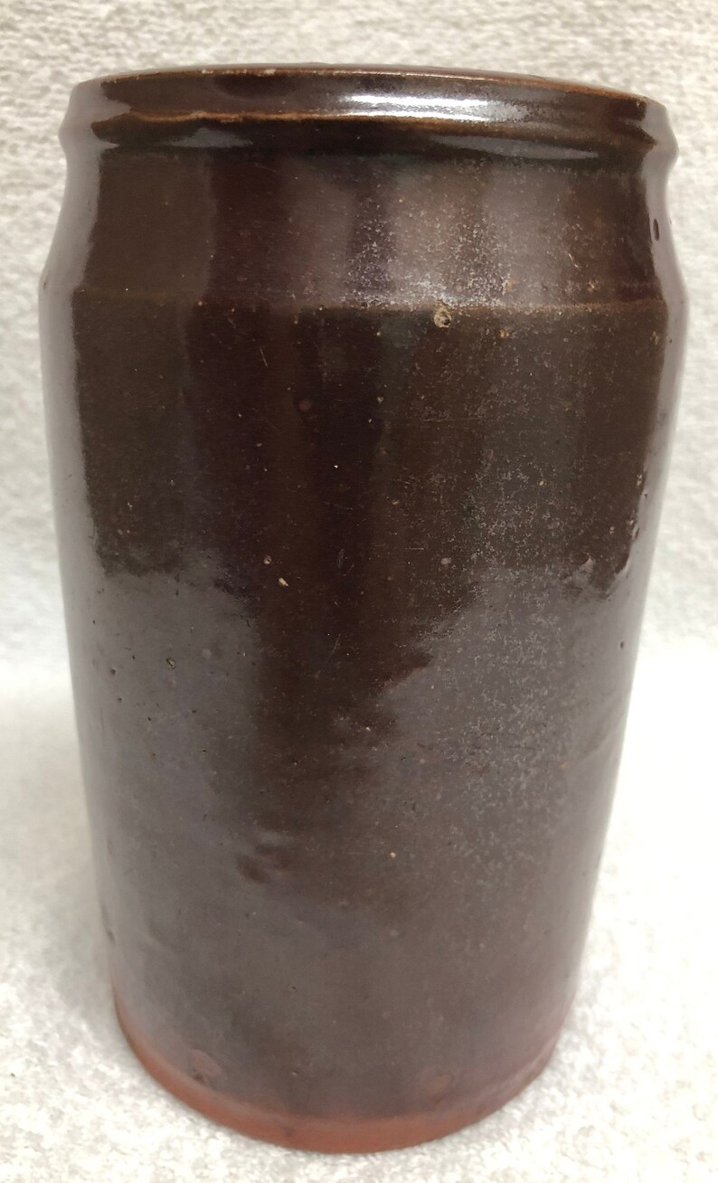 Could be a vase? Antique Brown Slip Glaze Pottery Wax Sealer Canning Jar 7 18 Tall Red Clay and Brown Slip Combo-Jar