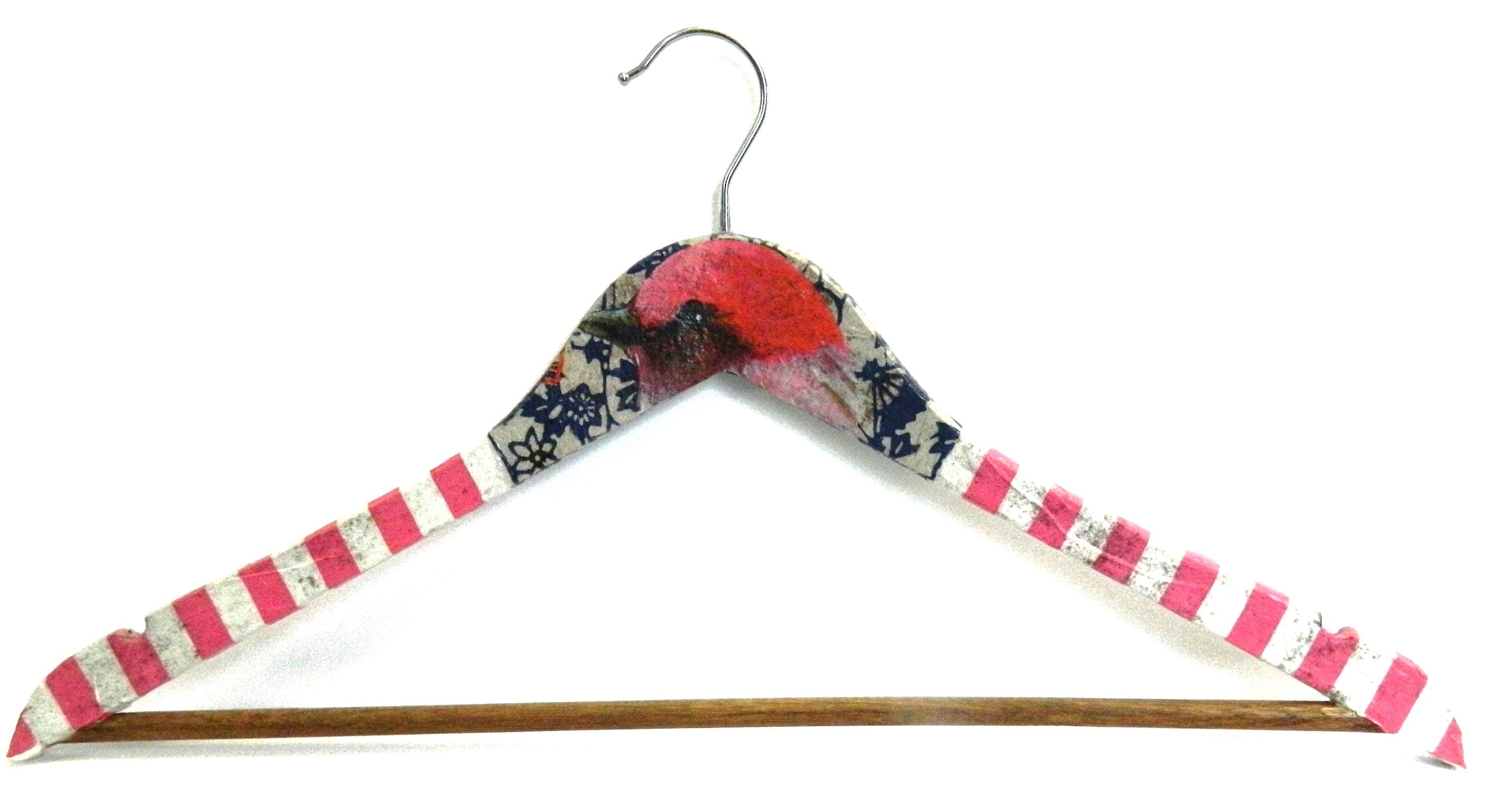 Decoupage wooden clothes hanger pink stripe bird