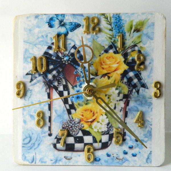Yellow Rose Stiletto Shoe One of a Kind Handmade Decoupage Rice Paper Clock