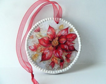 Poinsettia Christmas #3 Decoupage Rice Paper Wood Gift Tag Ornament