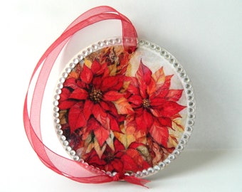 Poinsettia Christmas #2 Decoupage Rice Paper Wood Gift Tag Ornament