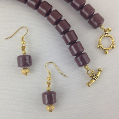 Handmade Wine-colored Ceramic choker ~ Necklace 2024 Earring Set