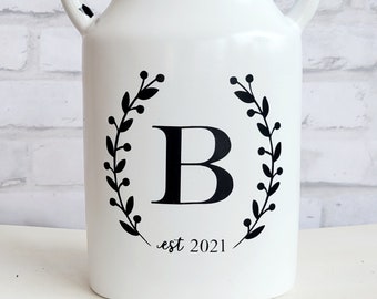 Personalized White Vase I Milk Jug I Custom Wedding Gift I Monogram Farmhouse Decor I Rustic Milk Can I Mantle Decor