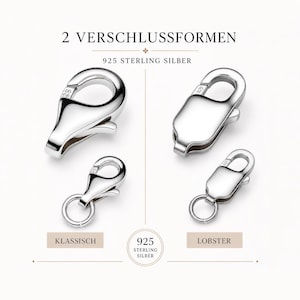 Könnte beinhalten: Zwei Arten von Schmuckverschlüssen aus 925er Sterlingsilber sind abgebildet. Links sind zwei klassische tropfenförmige Karabinerverschlüsse in verschiedenen Größen zu sehen. Rechts sind zwei rechteckige Karabinerverschlüsse mit Biegeringen.
