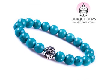 Unique Gems Chakra Buddha Turquoise Beads Bracelet 925 Sterling Silver Mantra Silver Pearl 8 mm Protective Bracelet