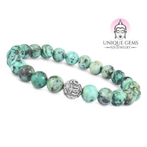 Uniche Gemme  Bracciale con Mantra Chakra Bracciale con perline di turchese africano da 8 mm Bracciale in argento sterling 925