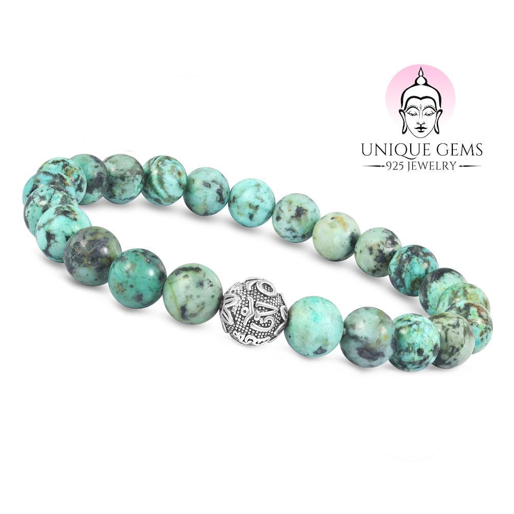 Bracciale Elastico Con Pietre Turchesi Africane E Perla D'Argento 925 – Mantra Buddista Om Mani Padme Hum – 8mm, Lunghezza Regolabile 15-17 Cm