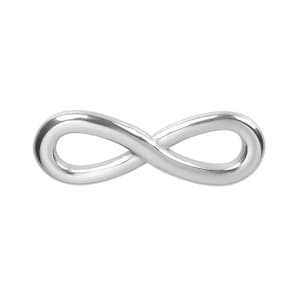May include: A polished silver-toned infinity symbol charm featuring a smooth, continuous loop design. The metallic surface reflects light, creating bright highlights along the curved edges of the figure-eight shape against a plain white background.