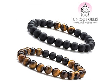 Unique Gems Bracelet Duo Chakra pour Femme avec Pierres de guérison Oeil de Tigre Perles d'abrazine 8 mm Extensible 15 cm - 18 cm