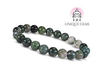 Unique Gems  Chakra bracelet genuine moss Agate 8mm beads energy bracelet pearl bracelet stretchable unisex jeweler quality