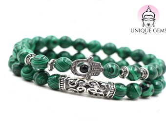 Unique Gems Chakra Duo Bracelet Malachite Hand of Shiva 8mm beads stretchable 16cm to 19cm