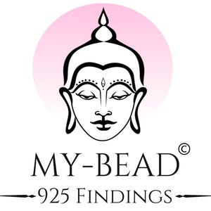 May include: A logo featuring a black and white illustration of a Buddha's face with closed eyes, set against a soft pink circle. Below, the text "MY-BEAD" is displayed, followed by "925 FINDINGS" and a copyright symbol.