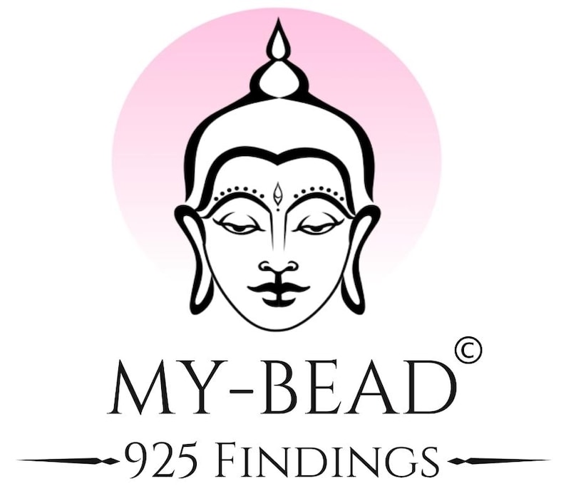 May include: A logo featuring a black and white illustration of a Buddha's face with closed eyes, set against a soft pink circle. Below, the text "MY-BEAD" is displayed, followed by "925 FINDINGS" and a copyright symbol.