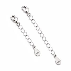 May include: Two silver-toned metal necklace extender chains, each featuring a lobster claw clasp at one end and a small, teardrop-shaped charm at the other. Each charm is clearly stamped with the number 925, indicating sterling silver composition.