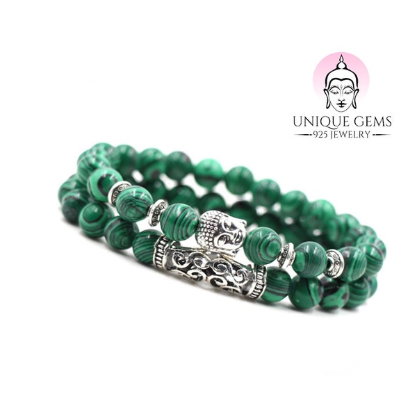 Bracelet Chakra Duo Unique Bouddha Malachite Perles 8 mm Bracelet Énergie Pierres de Guérison Extensible Qualité Bijoutier