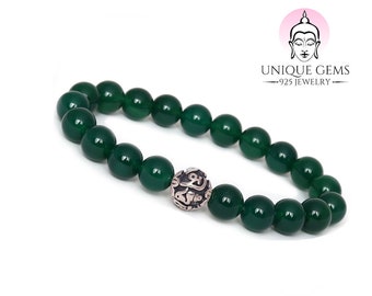 Bracelet Mantra de pierres précieuses uniques, Agate verte, perles de 8mm, Bracelet Chakra, Bracelet de Protection en argent Sterling 925