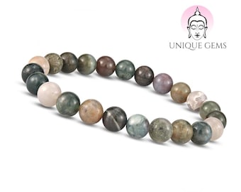 Pulseira de contas de ágata indiana, pedra natural Ø 8 mm da Unique Gems© Pulseira protetora com pedras de cura de chakras para mulheres e homens