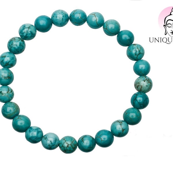 Unique Bracelet de guérison Perles Turquoise Véritable 8mm pour la femme 16cm à 19cm extensible