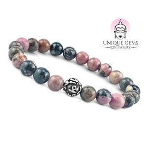 Uniche Gemme Bracciale Mantra Perline di rodonite Bracciale Chakra da 8 mm Bracciale di protezione in argento sterling 925