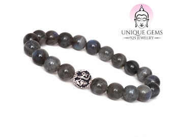 Bracciale con gemme uniche Chakra Buddha Labradorite Bracciale con protezione in argento sterling 925 con perline in argento da 8 mm