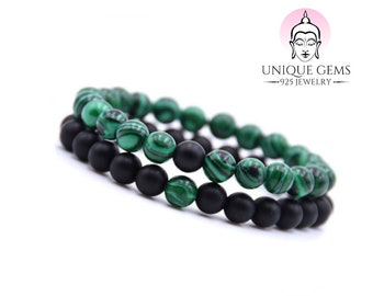 Bracelet Chakra Duo Unique Perles Malachite et Abrazine 8 mm Bracelet Énergétique Pierres de Guérison Unisexe Extensible Qualité Bijoutier